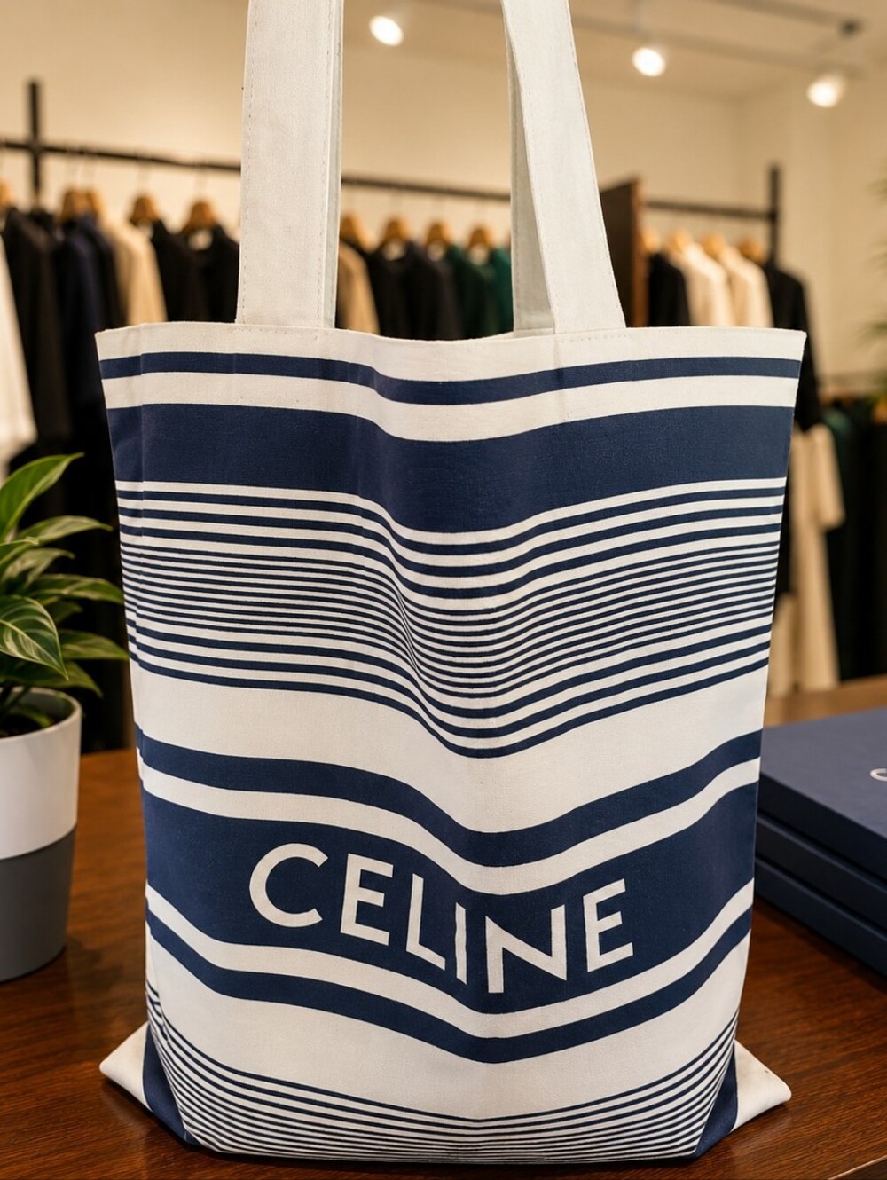 Celine Navy and White Striped Cotton Tote Bag NEW GWP